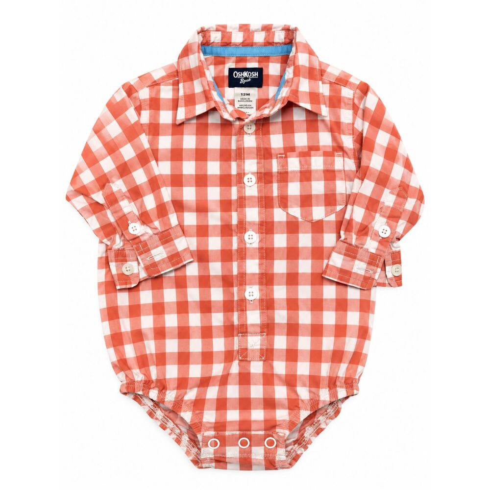 OshKosh B'gosh Boys 12M Orange White Plaid Long Sleeve Collared Bodysuit